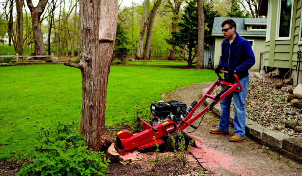 man using a machine to remove a tree outside