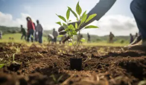 People in a community helping to plant trees.