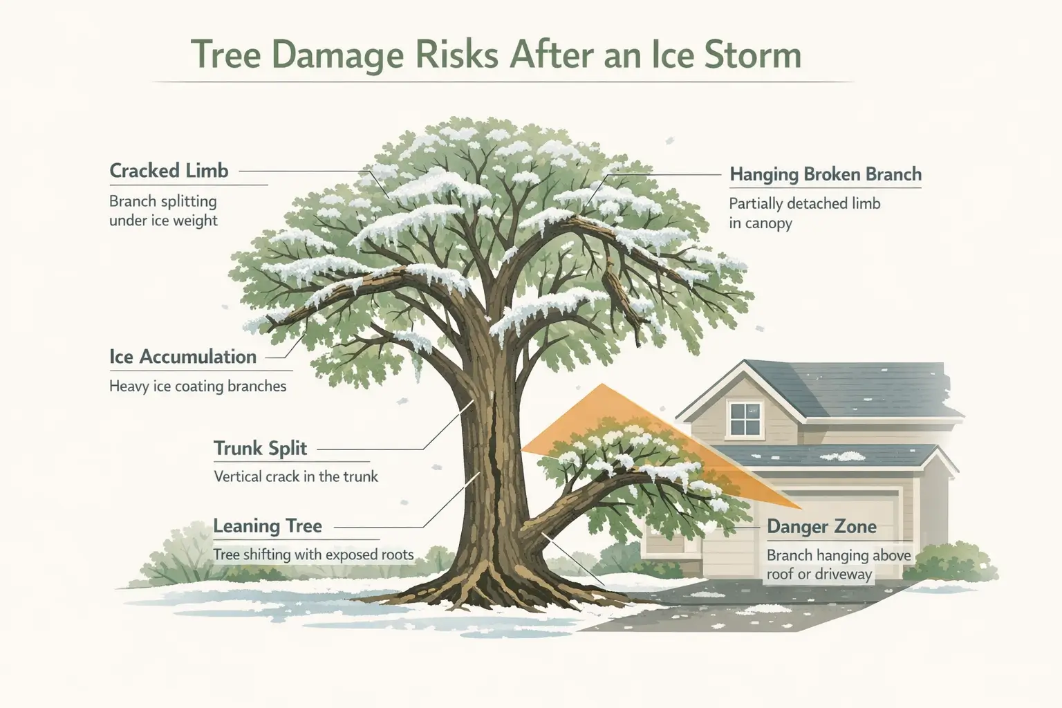 Diagram showing tree damage risks after an ice storm including cracked limbs, trunk splits, hanging branches, leaning tree, and branches over a house.