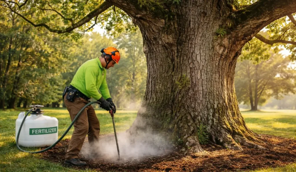 Spring tree fertilization using deep root feeding equipment to deliver nutrients directly into the mature tree root zone.