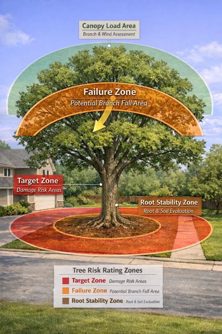 Diagram showing tree risk assessments zones including canopy load area, branch failure zone, root stability zone, and property target zone near a residential home.